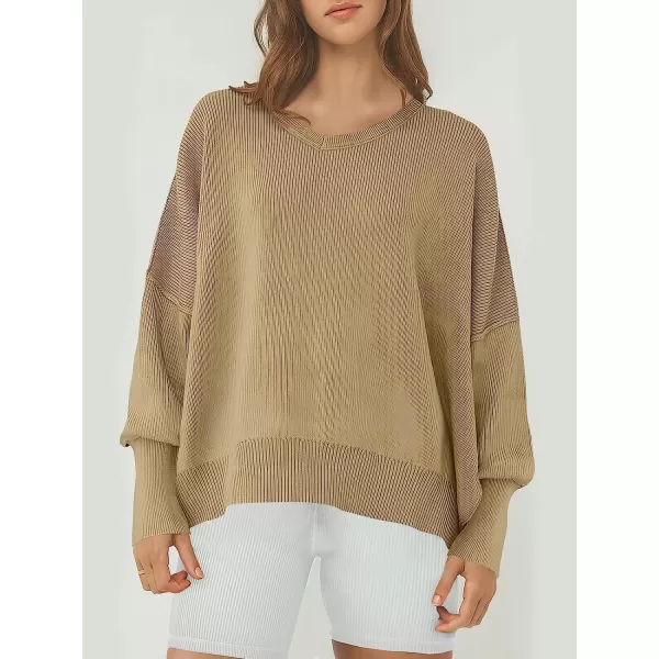 imageANRABESS Womens Casual Oversized Sweater V Neck Batwing Sleeve Side Slit Ribbed Knit Pullover Top 2023 Winter ClothesKhaki