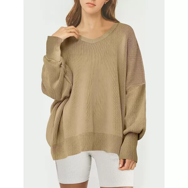 imageANRABESS Womens Casual Oversized Sweater V Neck Batwing Sleeve Side Slit Ribbed Knit Pullover Top 2023 Winter ClothesKhaki