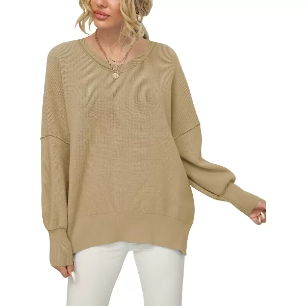 imageANRABESS Womens Casual Oversized Sweater V Neck Batwing Sleeve Side Slit Ribbed Knit Pullover Top 2023 Winter ClothesKhaki