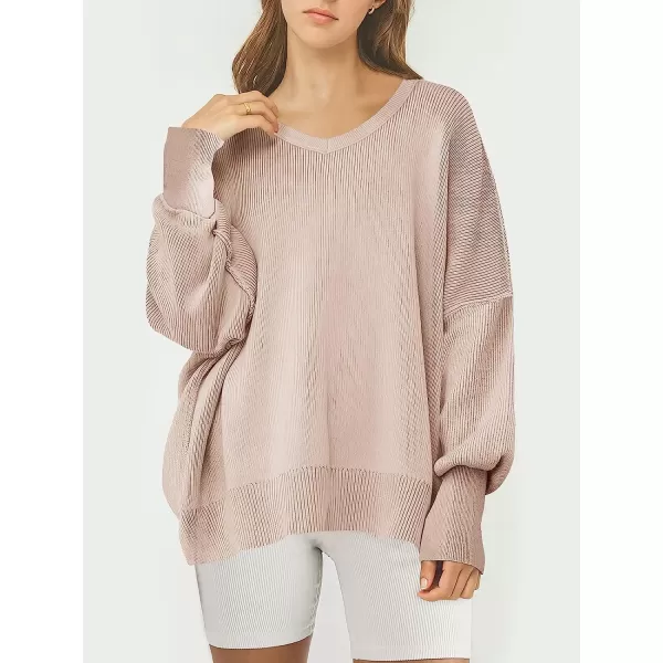 imageANRABESS Womens Casual Oversized Sweater V Neck Batwing Sleeve Side Slit Ribbed Knit Pullover Top 2023 Winter ClothesPink