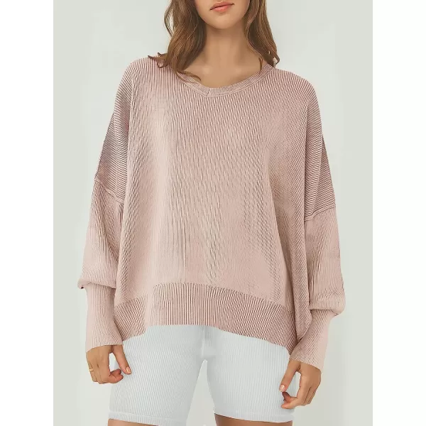 imageANRABESS Womens Casual Oversized Sweater V Neck Batwing Sleeve Side Slit Ribbed Knit Pullover Top 2023 Winter ClothesPink