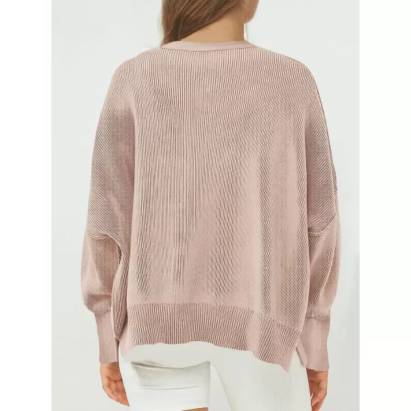 imageANRABESS Womens Casual Oversized Sweater V Neck Batwing Sleeve Side Slit Ribbed Knit Pullover Top 2023 Winter ClothesPink