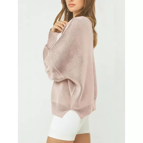 imageANRABESS Womens Casual Oversized Sweater V Neck Batwing Sleeve Side Slit Ribbed Knit Pullover Top 2023 Winter ClothesPink