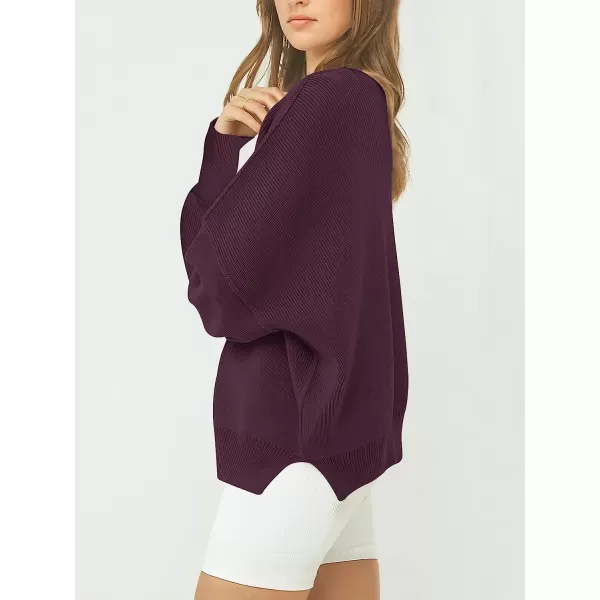imageANRABESS Womens Casual Oversized Sweater V Neck Batwing Sleeve Side Slit Ribbed Knit Pullover Top 2023 Winter ClothesPurple