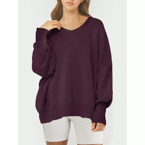imageANRABESS Womens Casual Oversized Sweater V Neck Batwing Sleeve Side Slit Ribbed Knit Pullover Top 2023 Winter ClothesPurple