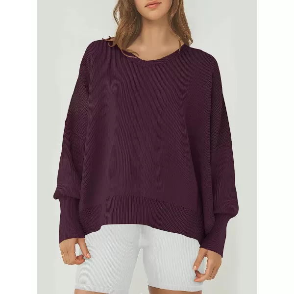 imageANRABESS Womens Casual Oversized Sweater V Neck Batwing Sleeve Side Slit Ribbed Knit Pullover Top 2023 Winter ClothesPurple