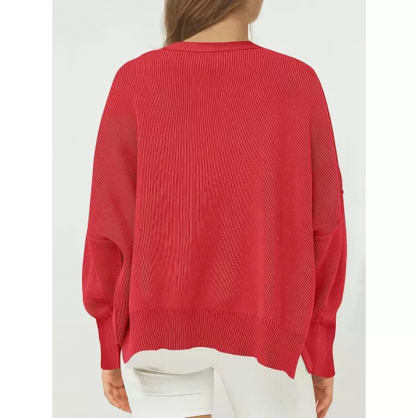 imageANRABESS Womens Casual Oversized Sweater V Neck Batwing Sleeve Side Slit Ribbed Knit Pullover Top 2023 Winter ClothesRed