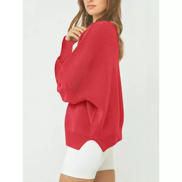 imageANRABESS Womens Casual Oversized Sweater V Neck Batwing Sleeve Side Slit Ribbed Knit Pullover Top 2023 Winter ClothesRed