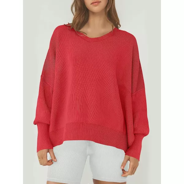 imageANRABESS Womens Casual Oversized Sweater V Neck Batwing Sleeve Side Slit Ribbed Knit Pullover Top 2023 Winter ClothesRed