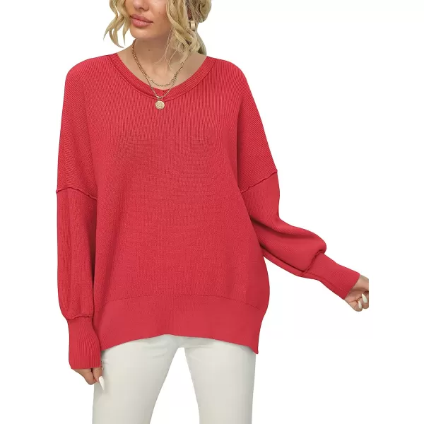 imageANRABESS Womens Casual Oversized Sweater V Neck Batwing Sleeve Side Slit Ribbed Knit Pullover Top 2023 Winter ClothesRed