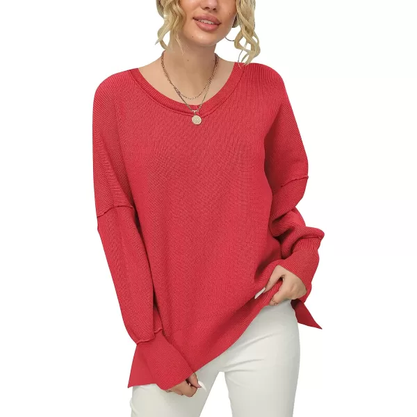 imageANRABESS Womens Casual Oversized Sweater V Neck Batwing Sleeve Side Slit Ribbed Knit Pullover Top 2023 Winter ClothesRed