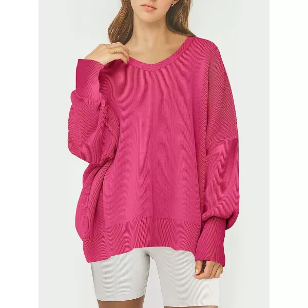 imageANRABESS Womens Casual Oversized Sweater V Neck Batwing Sleeve Side Slit Ribbed Knit Pullover Top 2023 Winter ClothesRose
