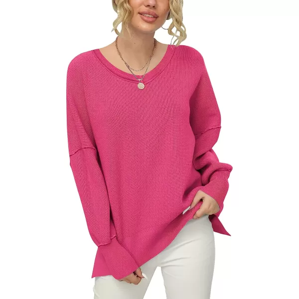 imageANRABESS Womens Casual Oversized Sweater V Neck Batwing Sleeve Side Slit Ribbed Knit Pullover Top 2023 Winter ClothesRose
