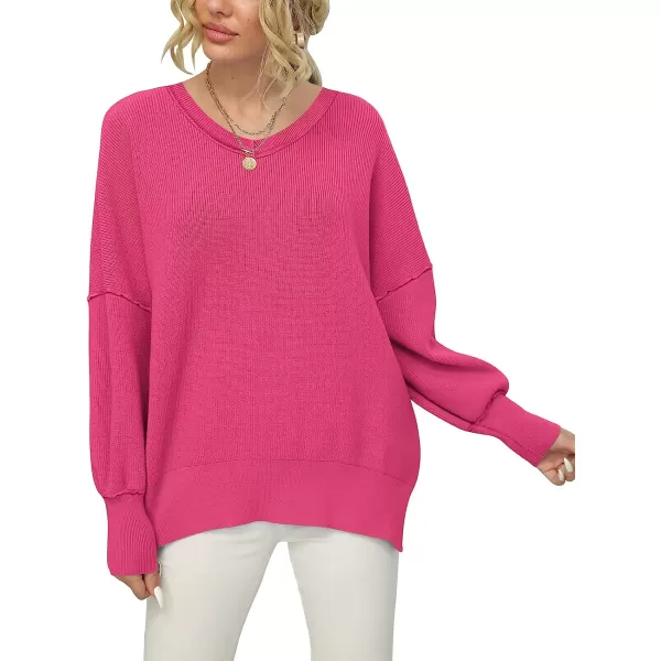 imageANRABESS Womens Casual Oversized Sweater V Neck Batwing Sleeve Side Slit Ribbed Knit Pullover Top 2023 Winter ClothesRose