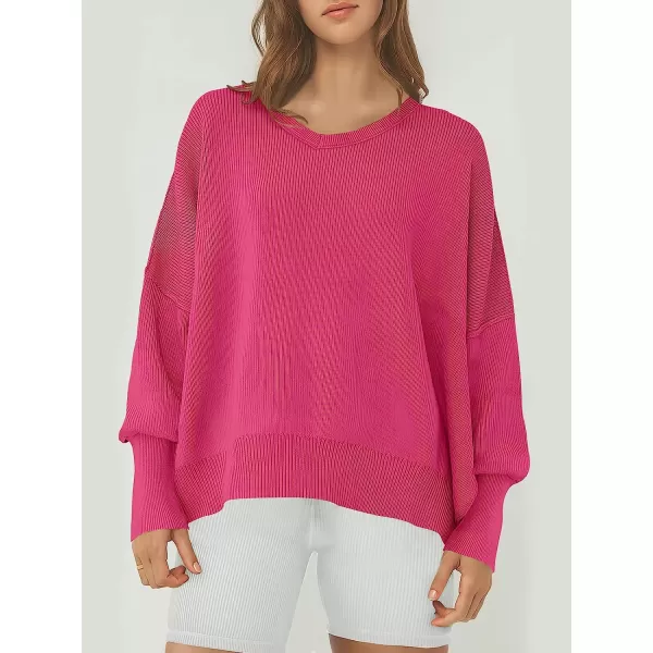 imageANRABESS Womens Casual Oversized Sweater V Neck Batwing Sleeve Side Slit Ribbed Knit Pullover Top 2023 Winter ClothesRose