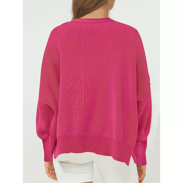 imageANRABESS Womens Casual Oversized Sweater V Neck Batwing Sleeve Side Slit Ribbed Knit Pullover Top 2023 Winter ClothesRose
