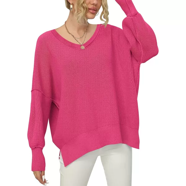 imageANRABESS Womens Casual Oversized Sweater V Neck Batwing Sleeve Side Slit Ribbed Knit Pullover Top 2023 Winter ClothesRose