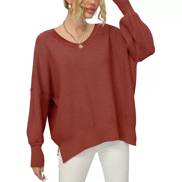 imageANRABESS Womens Casual Oversized Sweater V Neck Batwing Sleeve Side Slit Ribbed Knit Pullover Top 2023 Winter ClothesRust