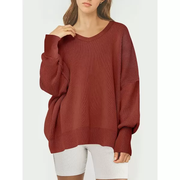 imageANRABESS Womens Casual Oversized Sweater V Neck Batwing Sleeve Side Slit Ribbed Knit Pullover Top 2023 Winter ClothesRust