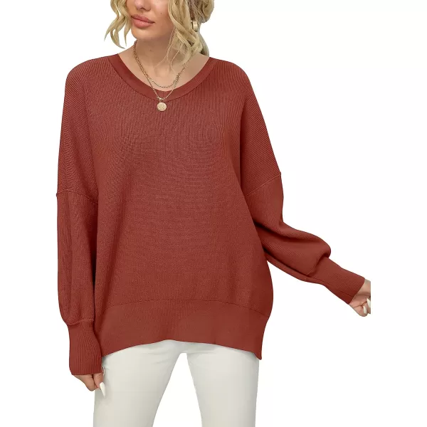 imageANRABESS Womens Casual Oversized Sweater V Neck Batwing Sleeve Side Slit Ribbed Knit Pullover Top 2023 Winter ClothesRust