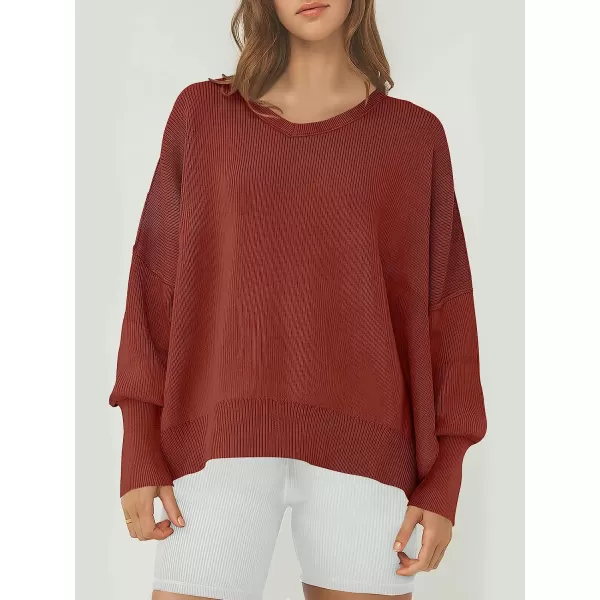 imageANRABESS Womens Casual Oversized Sweater V Neck Batwing Sleeve Side Slit Ribbed Knit Pullover Top 2023 Winter ClothesRust