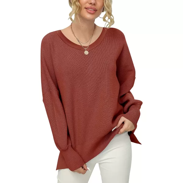 imageANRABESS Womens Casual Oversized Sweater V Neck Batwing Sleeve Side Slit Ribbed Knit Pullover Top 2023 Winter ClothesRust