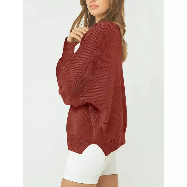 imageANRABESS Womens Casual Oversized Sweater V Neck Batwing Sleeve Side Slit Ribbed Knit Pullover Top 2023 Winter ClothesRust