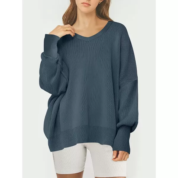 imageANRABESS Womens Casual Oversized Sweater V Neck Batwing Sleeve Side Slit Ribbed Knit Pullover Top 2023 Winter ClothesTeal