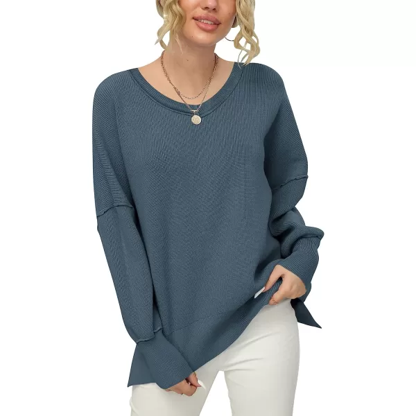 imageANRABESS Womens Casual Oversized Sweater V Neck Batwing Sleeve Side Slit Ribbed Knit Pullover Top 2023 Winter ClothesTeal