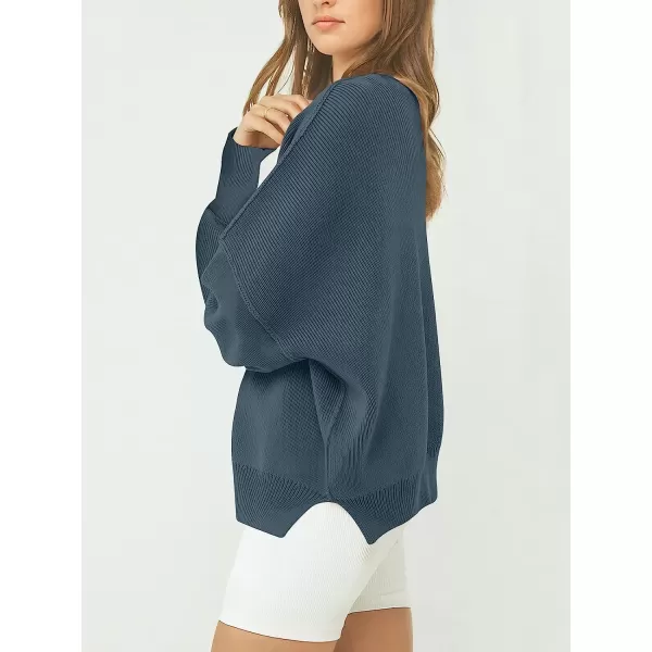imageANRABESS Womens Casual Oversized Sweater V Neck Batwing Sleeve Side Slit Ribbed Knit Pullover Top 2023 Winter ClothesTeal