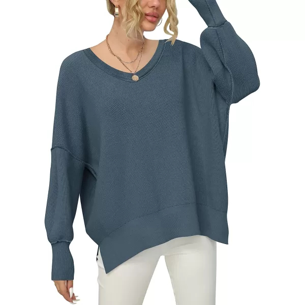 imageANRABESS Womens Casual Oversized Sweater V Neck Batwing Sleeve Side Slit Ribbed Knit Pullover Top 2023 Winter ClothesTeal