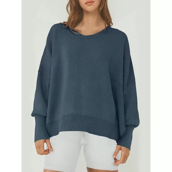 imageANRABESS Womens Casual Oversized Sweater V Neck Batwing Sleeve Side Slit Ribbed Knit Pullover Top 2023 Winter ClothesTeal