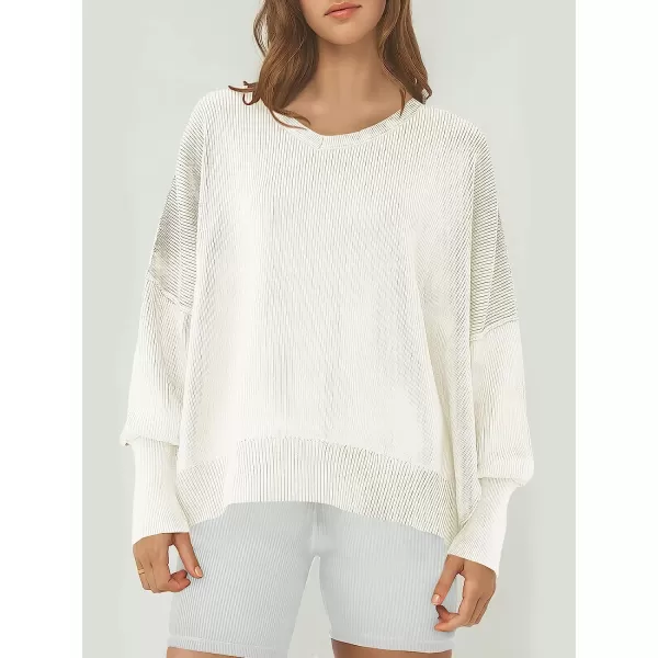 imageANRABESS Womens Casual Oversized Sweater V Neck Batwing Sleeve Side Slit Ribbed Knit Pullover Top 2023 Winter ClothesWhite