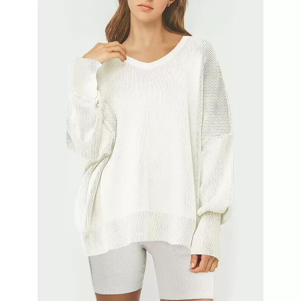 imageANRABESS Womens Casual Oversized Sweater V Neck Batwing Sleeve Side Slit Ribbed Knit Pullover Top 2023 Winter ClothesWhite