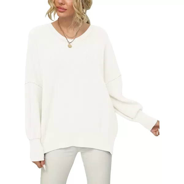 imageANRABESS Womens Casual Oversized Sweater V Neck Batwing Sleeve Side Slit Ribbed Knit Pullover Top 2023 Winter ClothesWhite