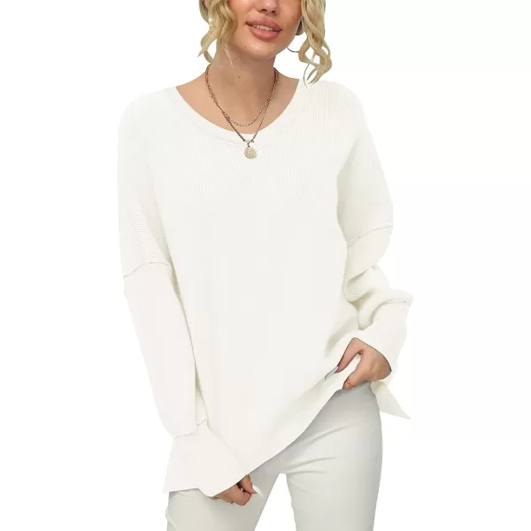 imageANRABESS Womens Casual Oversized Sweater V Neck Batwing Sleeve Side Slit Ribbed Knit Pullover Top 2023 Winter ClothesWhite