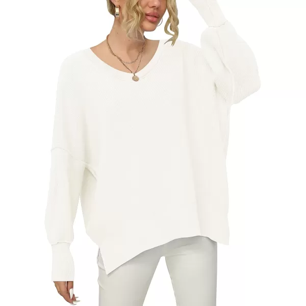 imageANRABESS Womens Casual Oversized Sweater V Neck Batwing Sleeve Side Slit Ribbed Knit Pullover Top 2023 Winter ClothesWhite
