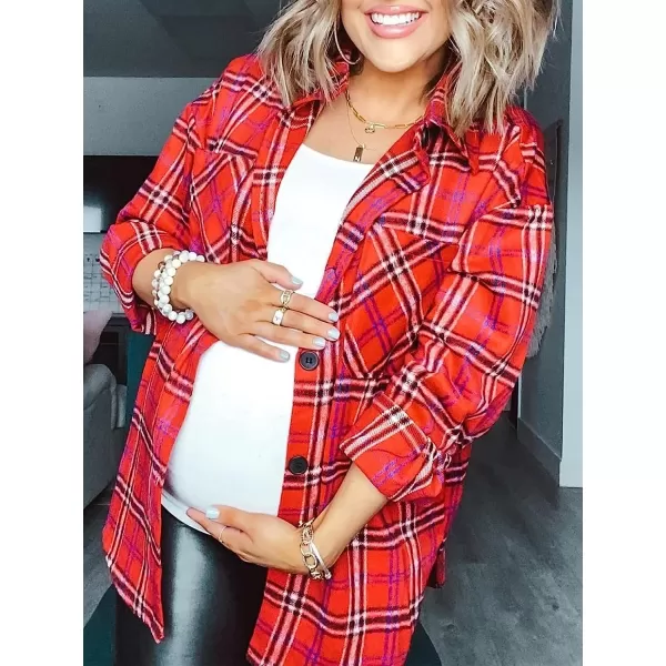 imageANRABESS Womens Casual Plaid Shacket Button Down Long Sleeve Shirt Jacket1 Red
