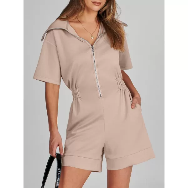 imageANRABESS Womens Casual Rompers Short Sleeve Half Zip Collars Shorts Jumpsuits Summer OutfitsApricot