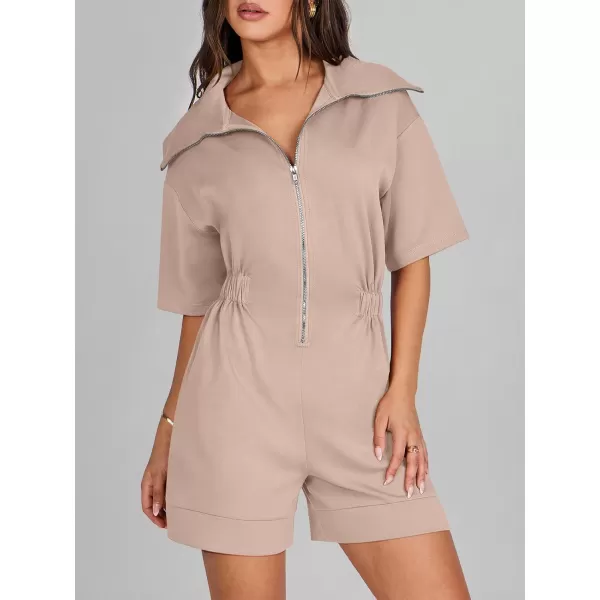 imageANRABESS Womens Casual Rompers Short Sleeve Half Zip Collars Shorts Jumpsuits Summer OutfitsApricot