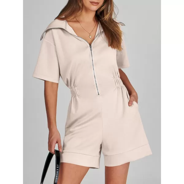 imageANRABESS Womens Casual Rompers Short Sleeve Half Zip Collars Shorts Jumpsuits Summer OutfitsBeige