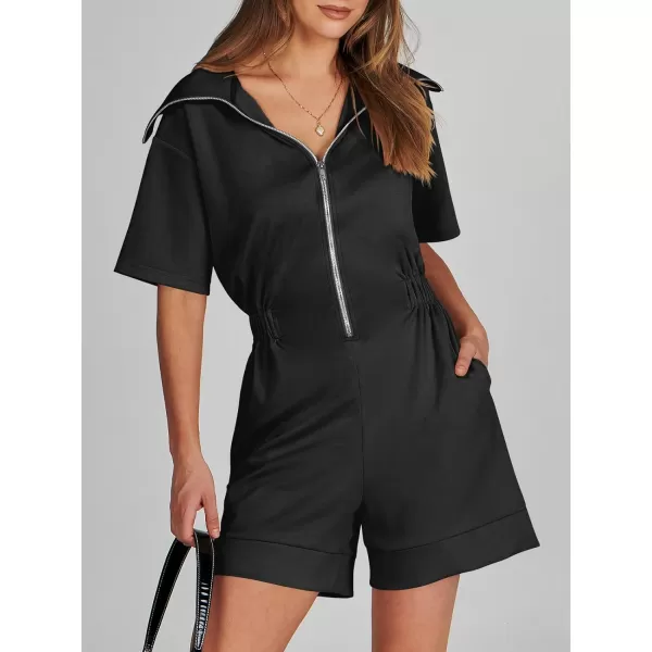 imageANRABESS Womens Casual Rompers Short Sleeve Half Zip Collars Shorts Jumpsuits Summer OutfitsBlack