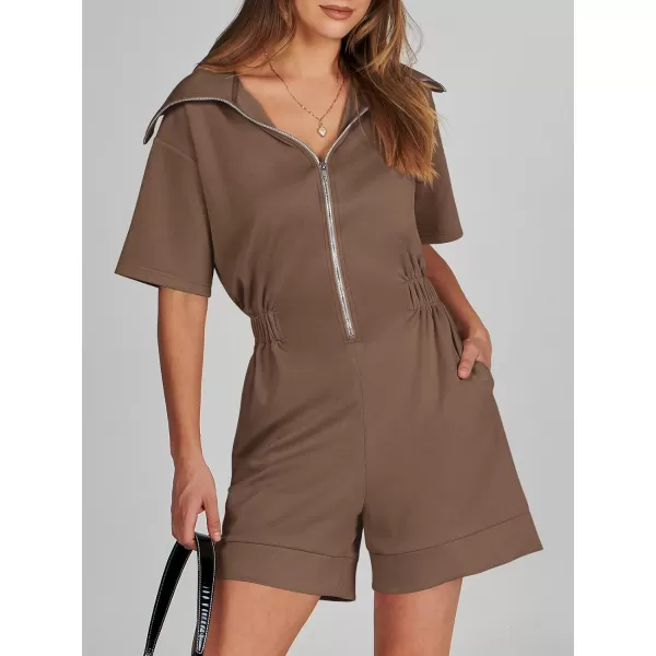 imageANRABESS Womens Casual Rompers Short Sleeve Half Zip Collars Shorts Jumpsuits Summer OutfitsBrown