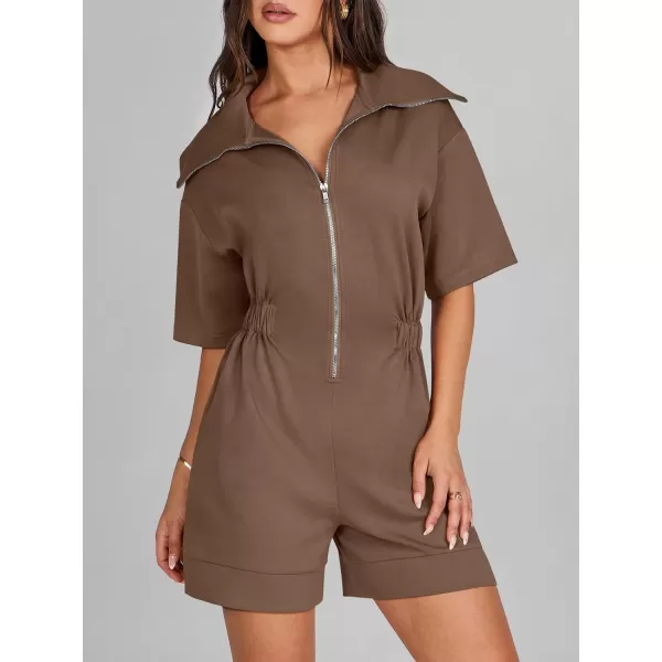 imageANRABESS Womens Casual Rompers Short Sleeve Half Zip Collars Shorts Jumpsuits Summer OutfitsBrown