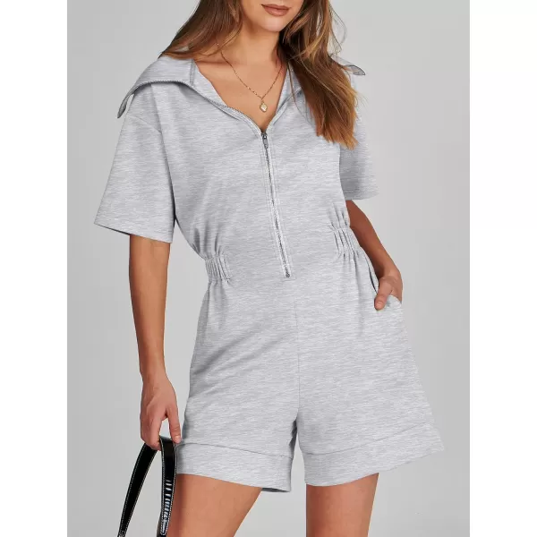 imageANRABESS Womens Casual Rompers Short Sleeve Half Zip Collars Shorts Jumpsuits Summer OutfitsGrey