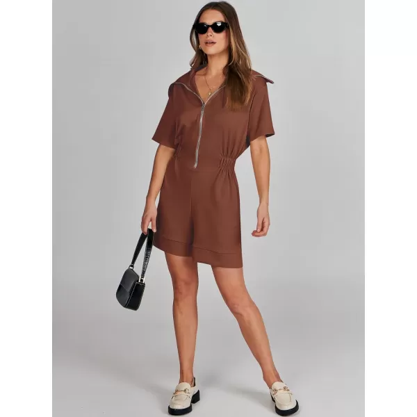 imageANRABESS Womens Casual Rompers Short Sleeve Half Zip Collars Shorts Jumpsuits Summer OutfitsRed Brown