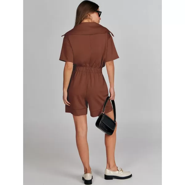 imageANRABESS Womens Casual Rompers Short Sleeve Half Zip Collars Shorts Jumpsuits Summer OutfitsRed Brown