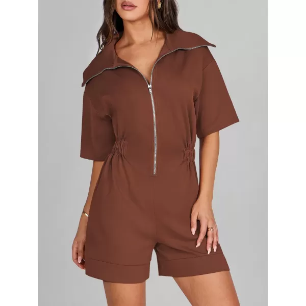 imageANRABESS Womens Casual Rompers Short Sleeve Half Zip Collars Shorts Jumpsuits Summer OutfitsRed Brown