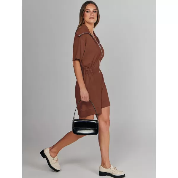 imageANRABESS Womens Casual Rompers Short Sleeve Half Zip Collars Shorts Jumpsuits Summer OutfitsRed Brown