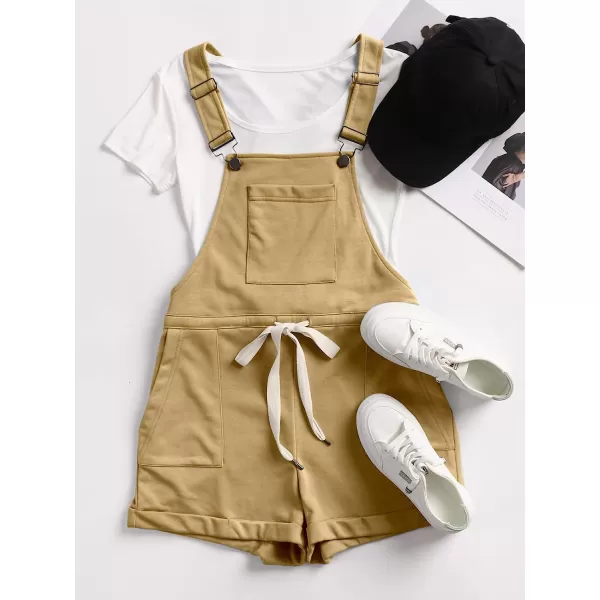 imageANRABESS Womens Casual Straps Short Bib Overalls Basic Sleeveless Drawstring Romper JumpsuitsKhaki